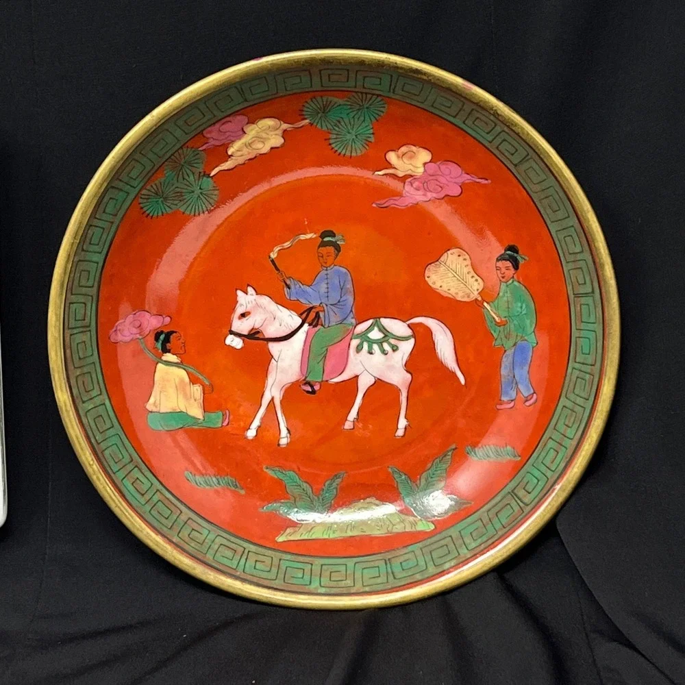 Vintage Hand Painted Porcelain Plate Bowl‎ Set Brass Rim Oriental Asian Horchow